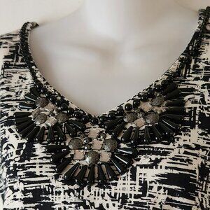 Ruby Rd. blouse sz PM black white print embellished beaded EUC